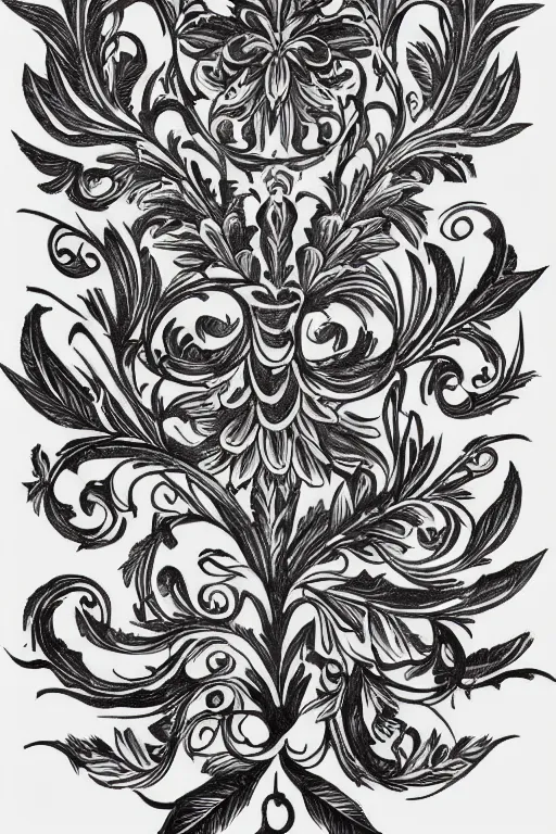 Prompt: tattoo design on paper, leafy baroque patterns, heavy black ink, monotone, highly detailed