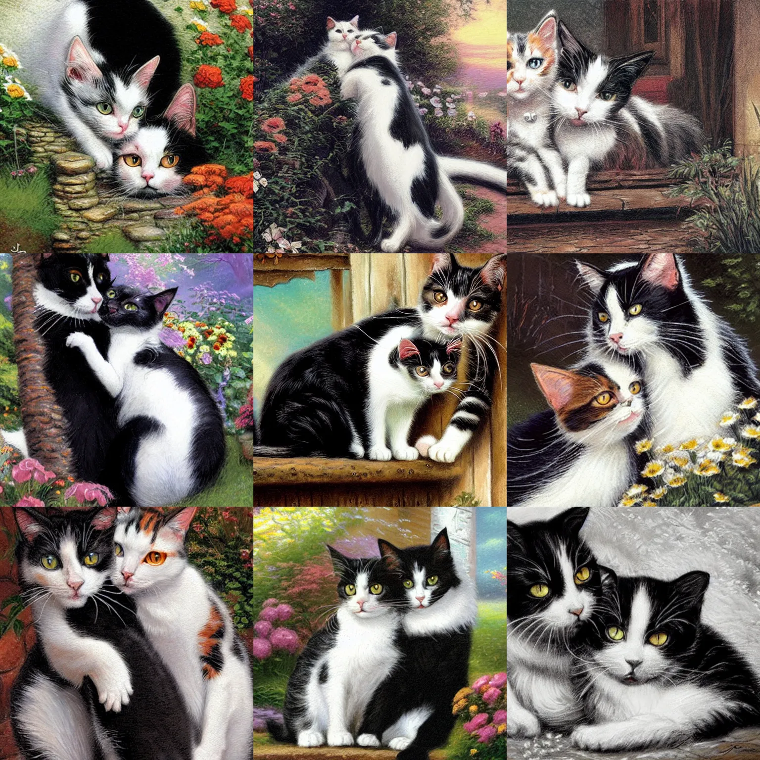 Prompt: a black-and-white cat and a calico cat hugging each other, illustrated by James Gurney, Laurie Greasely, Thomas Kinkade, highly detailed environment