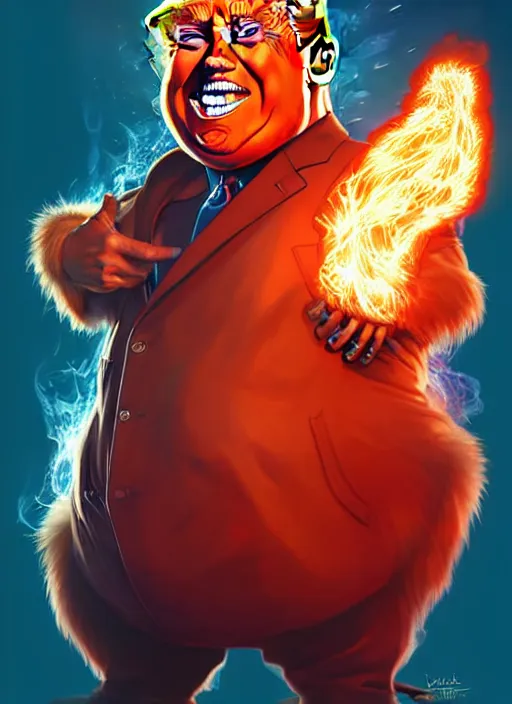 Image similar to donald trump bald and smiling, style artgerm, joshua middleton, illustration, anthropomorphic hamster steampunk half - cyborg, red fur, swirling fire flames cosmos, fantasy, dnd, cinematic lighting