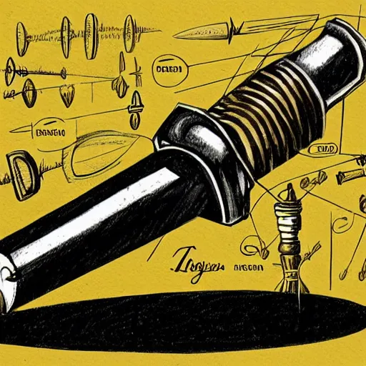 Prompt: dagger on a table, scientific equipment illustration by tony diterlizzi