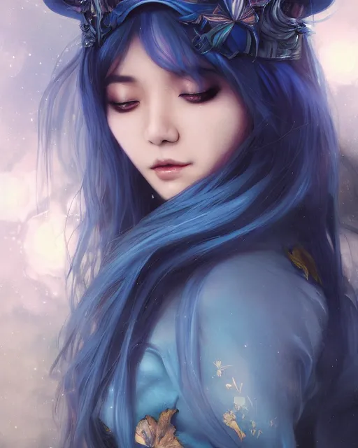 Image similar to stunningly beautiful female blue hair, cute korean actress, dj sura, fantasy art, fae priestess, lush dark forest landscape, fireflys at night, sharp focus, digital painting, 8 k, concept art, art by wlop, artgerm, greg rutkowski and alphonse mucha