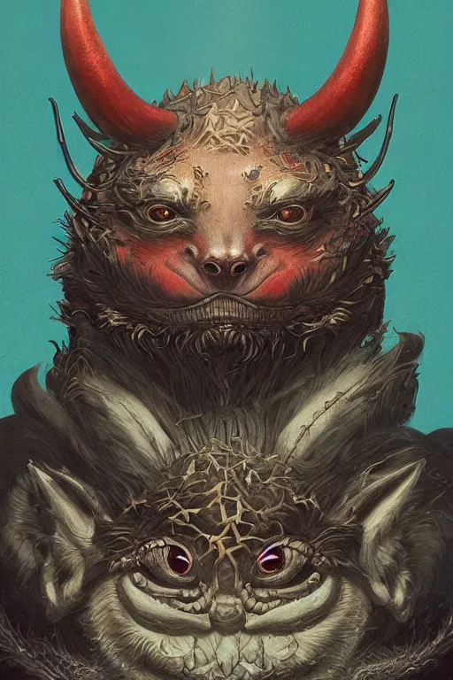 Image similar to a portrait of a symmetrical japanese devil animal illustrated by miyazaki by karol bak, james jean, tom bagshaw, rococo, sharp focus, trending on artstation, cinematic lighting, hyper realism, octane render, 8 k, hyper detailed, vivid, ultra detailed, highly detailed