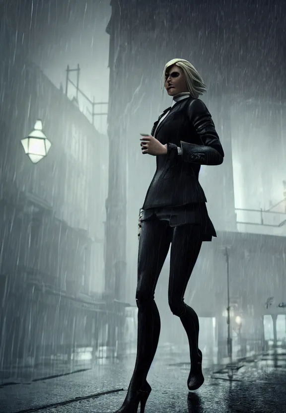 Image similar to beautiful model annie leonhart running on high heels in dunwall city, beautiful face, detailed face, cinematic lighting, rainy weather, melancholy atmosphere, volumetric light, octane render, dishonored 1, gothic architecture, realistic reflections, octane render 8 k, model agency