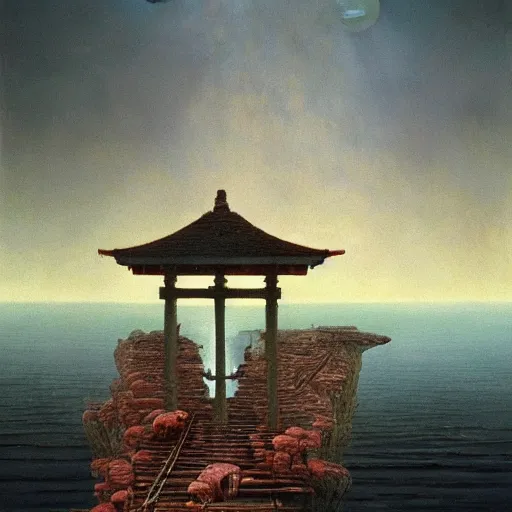 Image similar to A beautiful painting of A Torii over the sea by Zdzisław Beksiński and Ilya Repin,In style of Post-Apocalyptic.digital art, illustration,hyper detailed,smooth, sharp focus,trending on artstation,oil on the canvas,4k