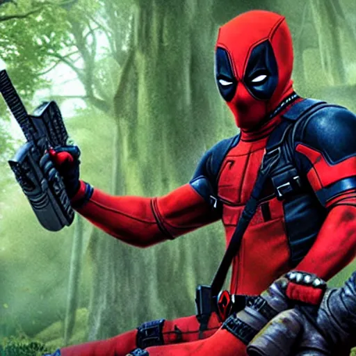 Image similar to deadpool and rocket raccoon in the woods digital art 4 k detailed