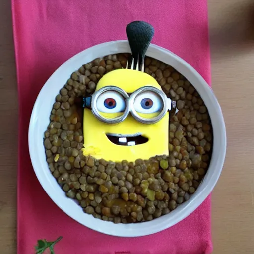 Prompt: minion eating a dish of hot lentils with grated cheese on top, in a poorly ventilated party flash photography