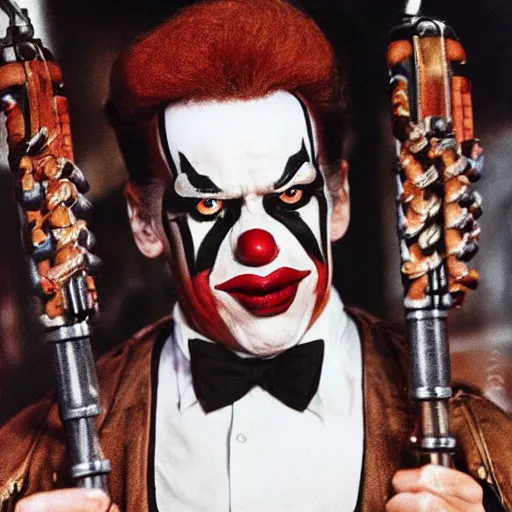 Image similar to UHD candid photo of Arnold Schwarzenegger dressed as a Nazi, wearing extremely intricate clown makeup, accurate face, UHD, photorealistic, correct face, photo by Annie Leibowitz