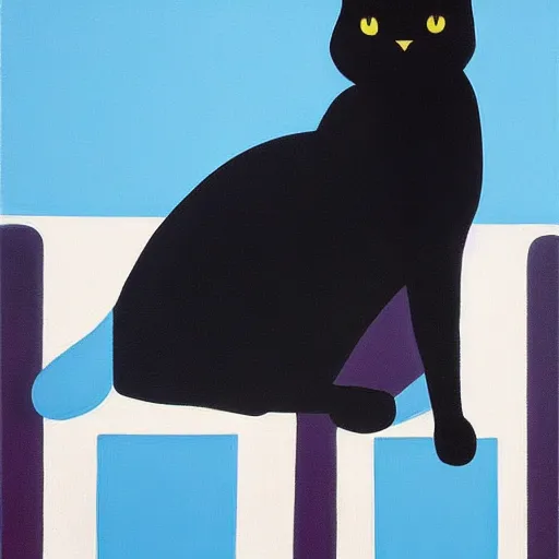 Prompt: in an art gallery, there is a huge painting of carmen herrera blue with white line. a black cat is looking at the painting. cgsociety, surrealism, dystopian art, purple color scheme