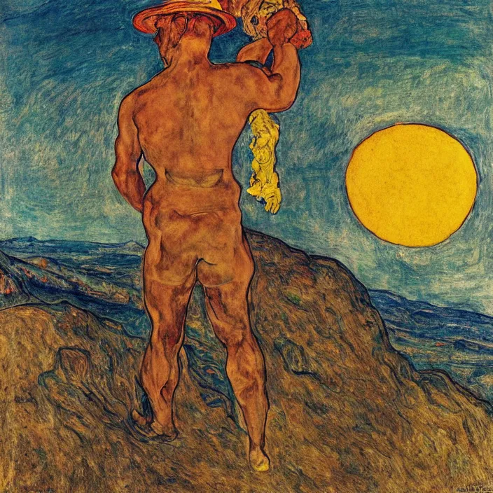 Prompt: fierce man with golden mustache carrying a boulder on his back on a hill, looking at the toxic industrial city with dark smoke and smog. sun setting through the clouds, vivid iridescent colors. munch, egon schiele, henri de toulouse - lautrec, utamaro, monet