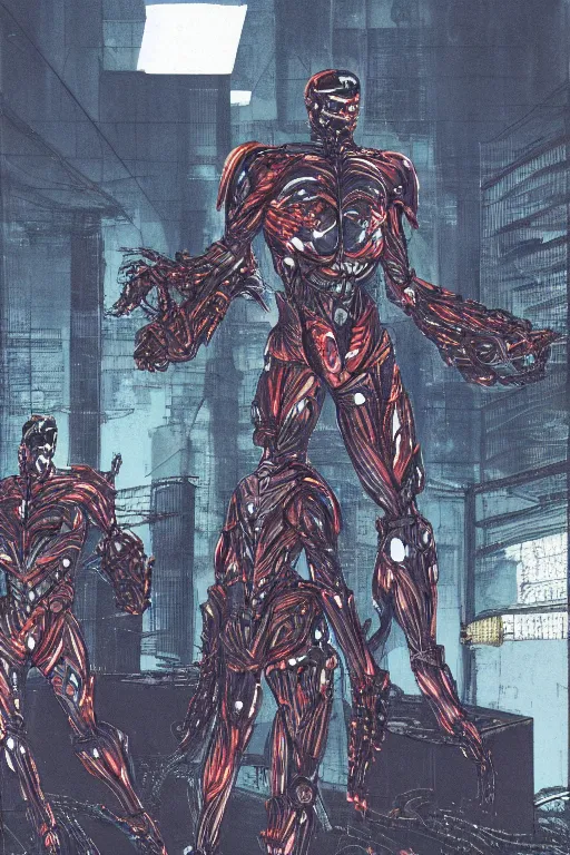 Image similar to god arc soldiers in crynet nanosuit with biological muscle augmentation, at dusk, a color illustration by tsutomu nihei, tetsuo hara and katsuhiro otomo