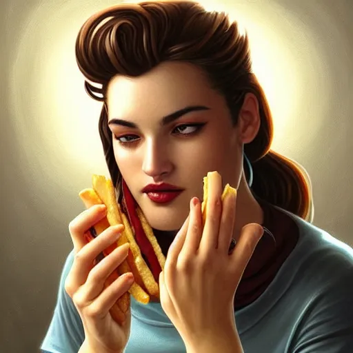 Prompt: portrait of James Gandolfini eating hamburgers, french fry background, extra onions and ketchup, luscious patty with sesame seeds, feminine ethereal, handsome, D&D, fantasy, intricate, elegant, highly detailed, digital painting, artstation, concept art, matte, sharp focus, illustration, art by Artgerm and Greg Rutkowski and Alphonse Mucha