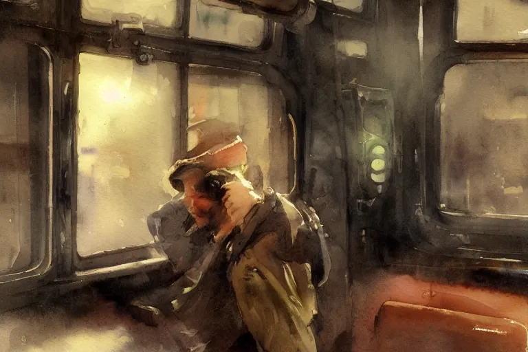 Image similar to small centered on watercolor paper, paint brush strokes, abstract watercolor painting of steam train interior, cinematic light, national romanticism by anders zorn, by hans dahl, by jesper ejsing, by greg rutkowski, by greg manchess, by tyler edlin, by craig mullins