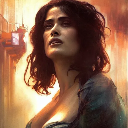 Prompt: salma hayek, hyperrealistic portrait, bladerunner street, art of elysium by jeremy mann and alphonse mucha, fantasy art, photo realistic, dynamic lighting, artstation, poster, volumetric lighting, very detailed face, 4 k, award winning