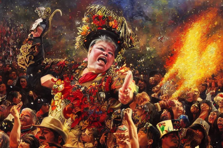 Image similar to portrait of rip taylor throwing confetti during a mexican funeral parade, an oil painting by ross tran and thomas kincade