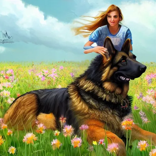 Prompt: girl riding a giant German shepherd in a field of flowers, trending on artstation