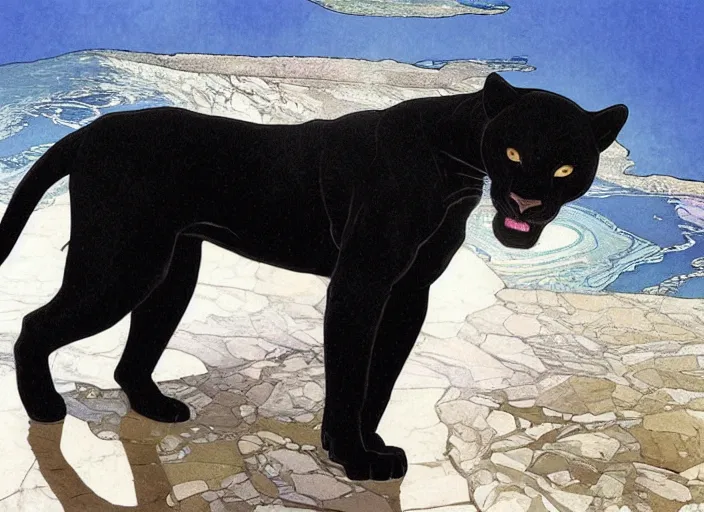 Image similar to animal concept of a black panther melanistic deep black leopard walking on Pamukkale, thermal waters flowing down gold travertine terraces, royal white and blue accents, accurately portrayed, portrait art by alphonse mucha and WLOP, highly detailed, digital painting, concept art, illustration, dim lighting with twilight rays of sunlight, trending on artstation, very detailed, smooth, sharp focus, octane render, close up