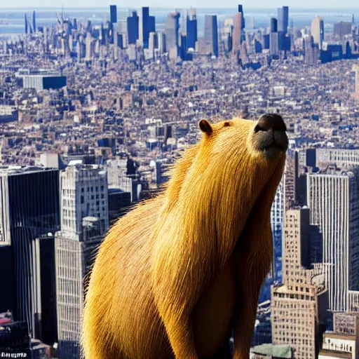 Image similar to An oversized capybara in a crown towering over miniature New York city. Aerial shot