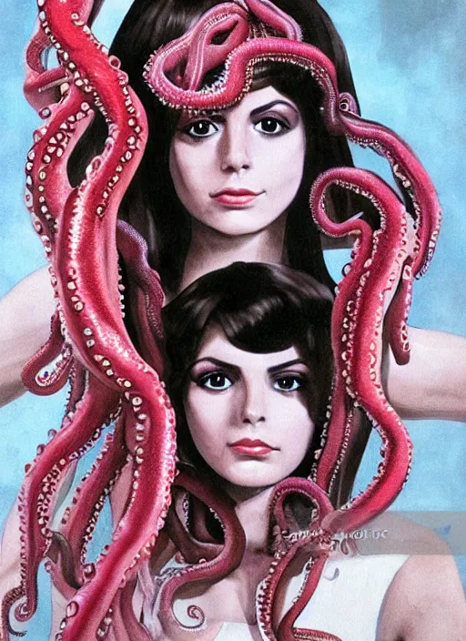 Image similar to 1978 film still from an Italian horror film of a Victoria Justice in her silk school uniform as the Queen of slimy tentacles clothed completely in silk looking at you intensely with seductively serious eyes while being consumed by the slimy Octopus God. ultra detailed painting at 16K resolution and epic visuals. epically surreally beautiful image. amazing effect, image looks crazily crisp as far as it's visual fidelity goes, absolutely outstanding. vivid clarity. ultra. iridescent. mind-breaking. mega-beautiful pencil shadowing. beautiful face. Ultra High Definition. process twice.
