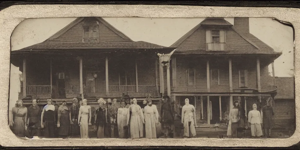 Prompt: a tintype photograph. photo of a group of people in front of the town hall house of the village and a small face of a ghost in the window of the house