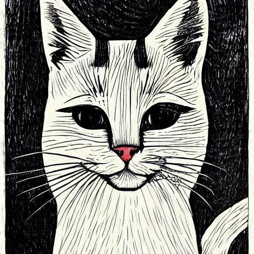 Prompt: cat woodcut print by Julie de Graag