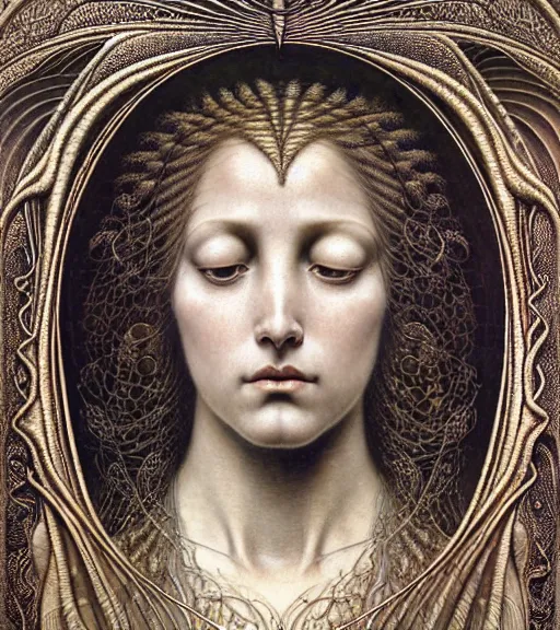 Image similar to detailed realistic beautiful salome face portrait by jean delville, gustave dore, iris van herpen and marco mazzoni, art forms of nature by ernst haeckel, art nouveau, symbolist, visionary, gothic, neo - gothic, pre - raphaelite, fractal lace, intricate alien botanicals, ai biodiversity, surreality, hyperdetailed ultrasharp octane render