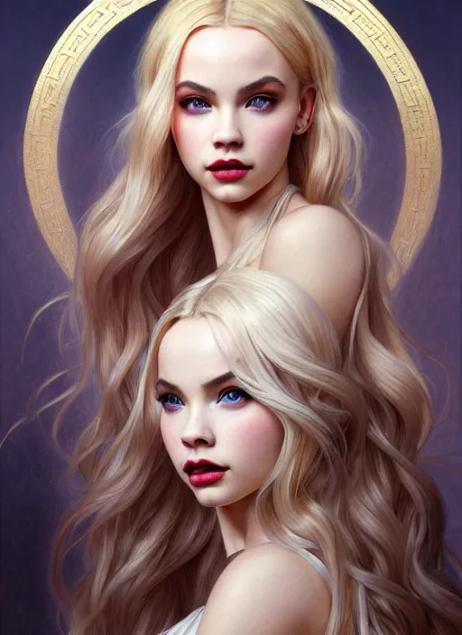 Image similar to ultra realistic illustration, a stunningly beautiful greek gothic goddess of chaos played by jordyn jones and dove cameron and margot robbie and taylor swift and megan fox, intricate, elegant, highly detailed, digital painting, artstation, concept art, smooth, sharp focus, illustration, art by artgerm and greg rutkowski and alphonse mucha