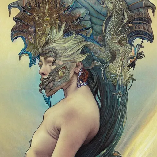 Image similar to portrait of the dragon queen by artgerm and H R Giger and alphonse mucha, Dragon in dragon lair, HD, full body dragon concept, flying dragon, Human body with dragon features, beautiful queen, perfect face, ray tracing, 4k realistic 3d rendered portrait, soft shading, soft colors, relaxed colors, hyperdetailed, wide angle lens, fantasy, futuristic horror, armor style of giger