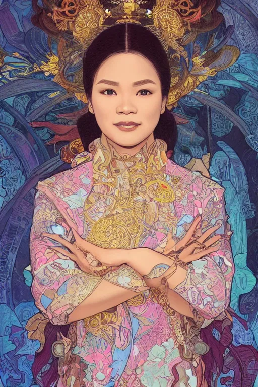 Image similar to portrait of an indonesian celebrity as an architect, highly detailed, digital painting, artstation, concept art, sharp focus, illustration, art by kittichai rueangchaichan and james gurney and alphonse mucha