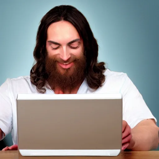 Image similar to Jesus Christ excited typing on a computer