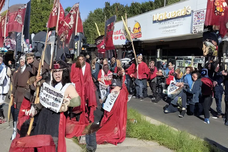Image similar to cellphone photograph of lord of the rings uruk - hai and orcs protesting the working conditions at a mcdonalds parking lot in the daylight. dirty mcdonalds uniforms, aprons. picket signs and battleaxes in hand