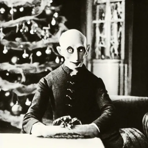 Image similar to count orlok sitting cross - legged by the christmas tree, excitedly opening presents, photograph