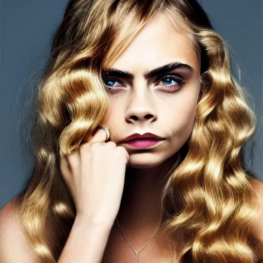 Image similar to photo of a gorgeous 20-year-old Cara Delevingne femme fatale waves hairstyle by Mario Testino, detailed, head shot, award winning, Sony a7R -