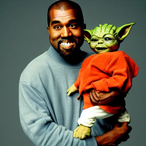 Image similar to kanye west smiling and holding holding yoda for a 1 9 9 0 s sitcom tv show, studio photograph, portrait