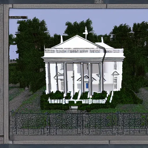 Image similar to white house in zork i, boarded front door, mailbox, kitchen window ajar, flatheadia, great underground empire, highly detailed, intricate, 8 k, self - aware ai renderer