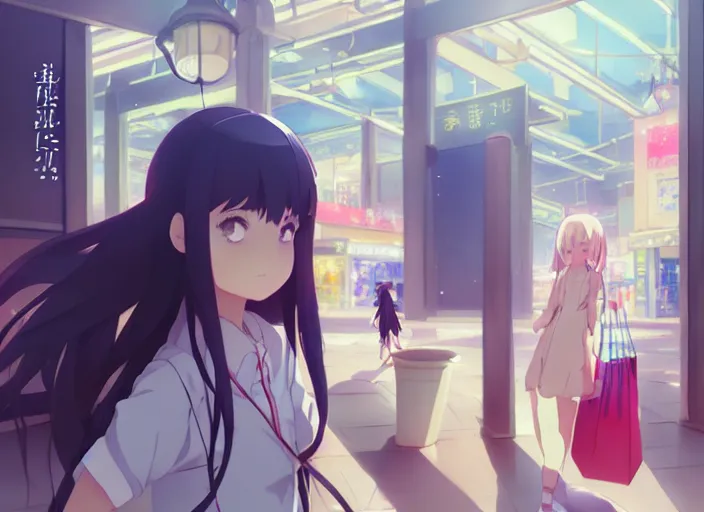 Prompt: portrait of a cute girl shopping at the mall, rule of thirds, illustration concept art anime key visual, trending pixiv fanbox by wlop and greg rutkowski and makoto shinkai and studio ghibli and kyoto animation