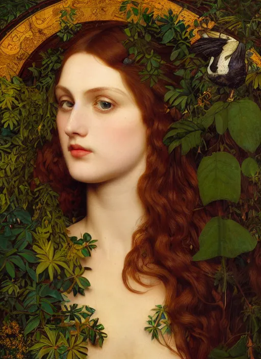Image similar to masterpiece beautiful seductive flowing curves preraphaelite face portrait amongst leaves, extreme close up shot, straight bangs, thick set features, yellow ochre ornate medieval dress, raven, amongst foliage mushroom forest circle arch framing, frederic leighton and kilian eng and rosetti, 4 k