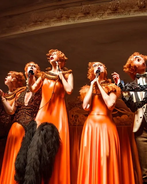 Image similar to hyperrealistic neobaroque mechanical people singing on an art deco stage santiago caruso uhd dramatic orange light 8k low angle shallow depth of field