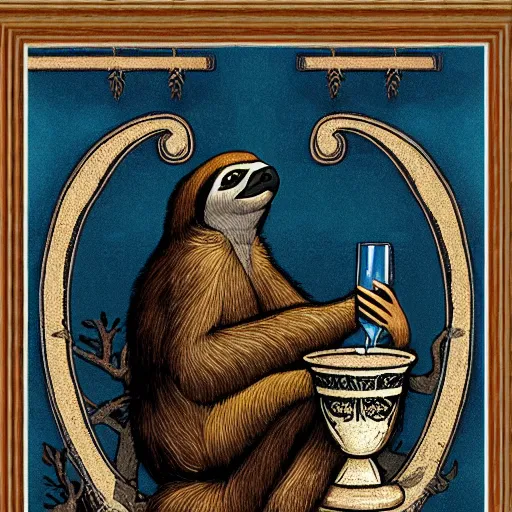 Image similar to sloth as the king of cups, framed, intricate details, medieval art style, posterized