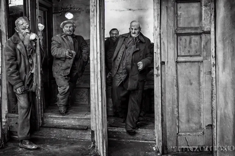 Image similar to cinematography old Russian men entering old bar in Russia showing. by Emmanuel Lubezki