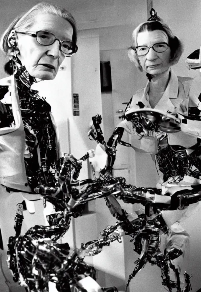 Image similar to photograph of Grace Hopper with cybernetic implants