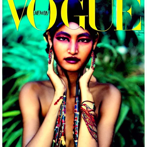 Image similar to a beautiful professional photograph by hamir sardar, herb ritts and ellen von unwerh for the cover of vogue magazine of a beautiful and unusually attractive native yanomami female fashion model looking at the camera in a flirtatious way, leica 5 0 mm f 1. 8 lens