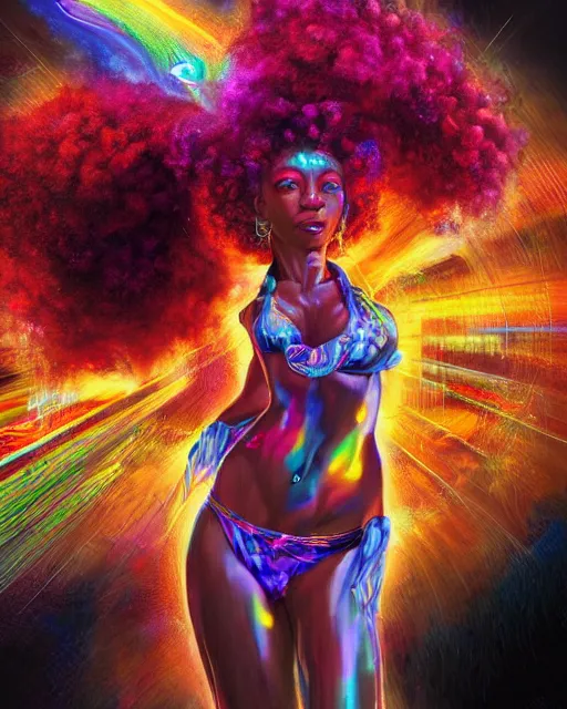 Image similar to a powerful energy psychedelic matrix afro american woman, by alexander fedosav, hyper detailed digital matte painting, concept art, hyperrealism, 1 6 k resolution, cinema 4 d, 8 k resolution, trending on artstation, behance hd, a masterpiece, by stephan martiniere, particles, cel - shaded, power bright neon energy, by david a. hardy