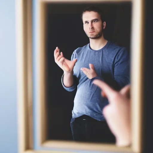 Prompt: professional direct photograph of a man with his palm on a mirror