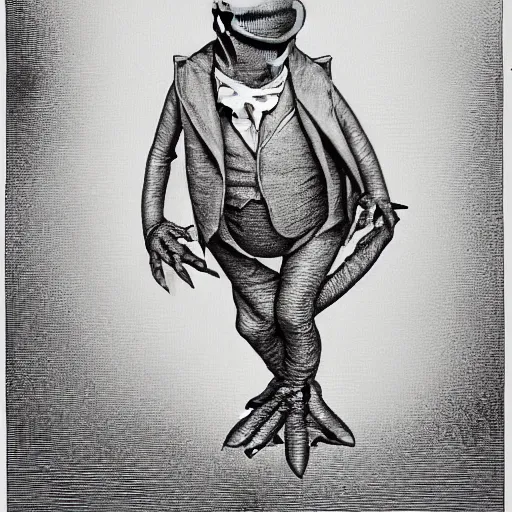 Image similar to Kermit the Frog from Sesame Street by Gustave Dore, full body grayscale drawing