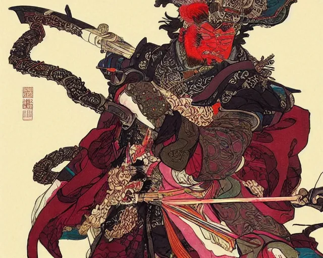 Prompt: an ancient chinese general holding a long weapon ， colourful colour schemean ancient chinese general, by katsushika hokusai, pete mohrbacher, yoji shinkawa + gothic illustration + trending on artstation + intricate details - h 1 0 2 4