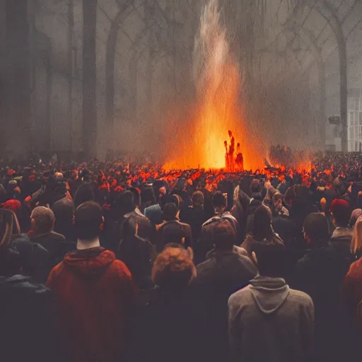 Image similar to a crowd of people standing in front of a fire, a flemish baroque by elsa bleda, unsplash, nuclear art, hellish, dystopian art, volumetric lighting