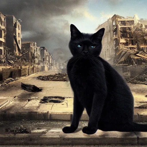 Prompt: a black cat looking at a destroyed city, by karcz, michal