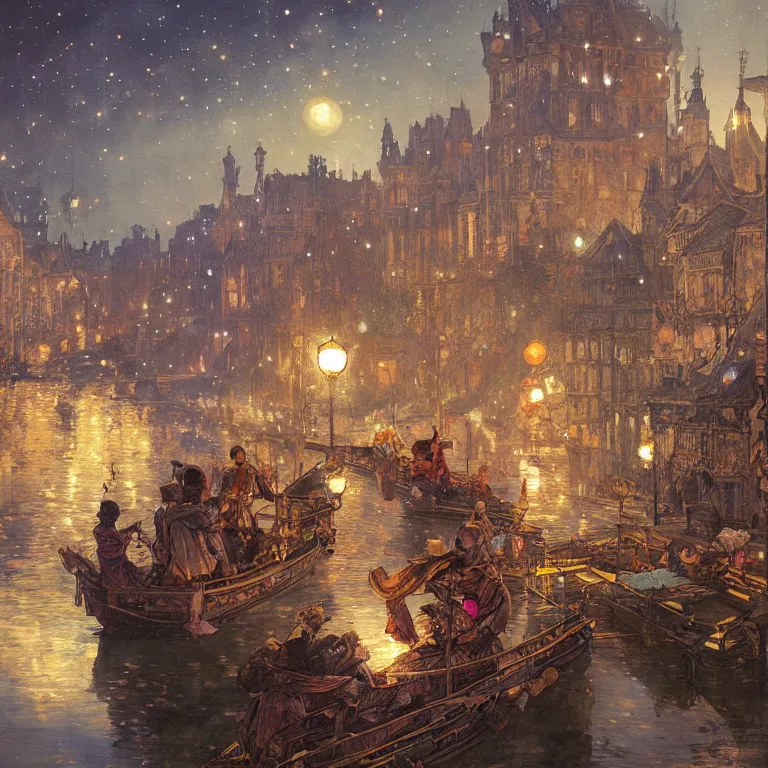 Image similar to a beautiful painting of the view from the river of the lantern festival in ancient london, at night with a sky full of stars, intricate, elegant, highly detailed, digital painting, artstation, concept art, by krenz cushart and artem demura and alphonse mucha