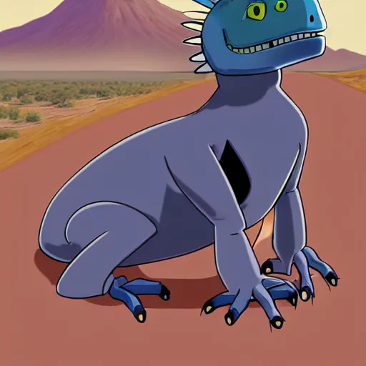 Image similar to a study of cell shaded cartoon of a grey robot iguana from howl's moving castle ( 2 0 0 4 ) on a desert road, full body, wide shot, very muted colors, post grunge, studio ghibli, laurie greasley, highly detailed, deviantart, art by artgem