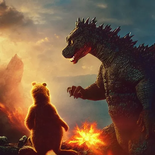 Prompt: godzilla and winnie the pooh are best friends, cinematic composition, epic dramatic lighting, realistic, hyperdetailed, photorealistic, photograph, epic scale by gaston bussiere